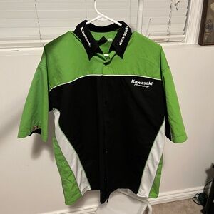 Kawasaki Racing Button Up Shirt Team Pit Crew Motorcycle Green Black Racing